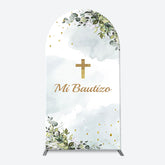 Aperturee - Mi Bautizo Gold Cross Leaves Arch Baptism Backdrop